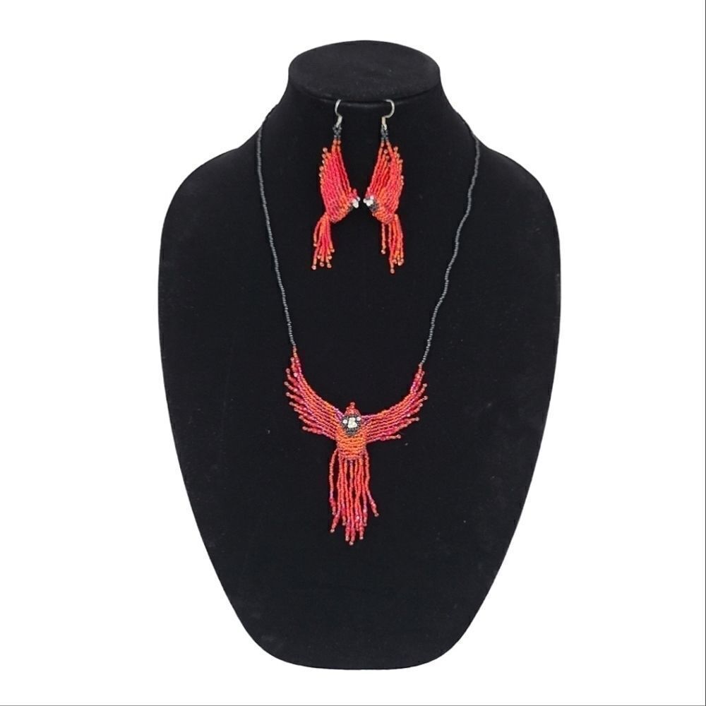 Handcrafted Beaded Cardinal Red Bird Necklace and Earrings Great Gift